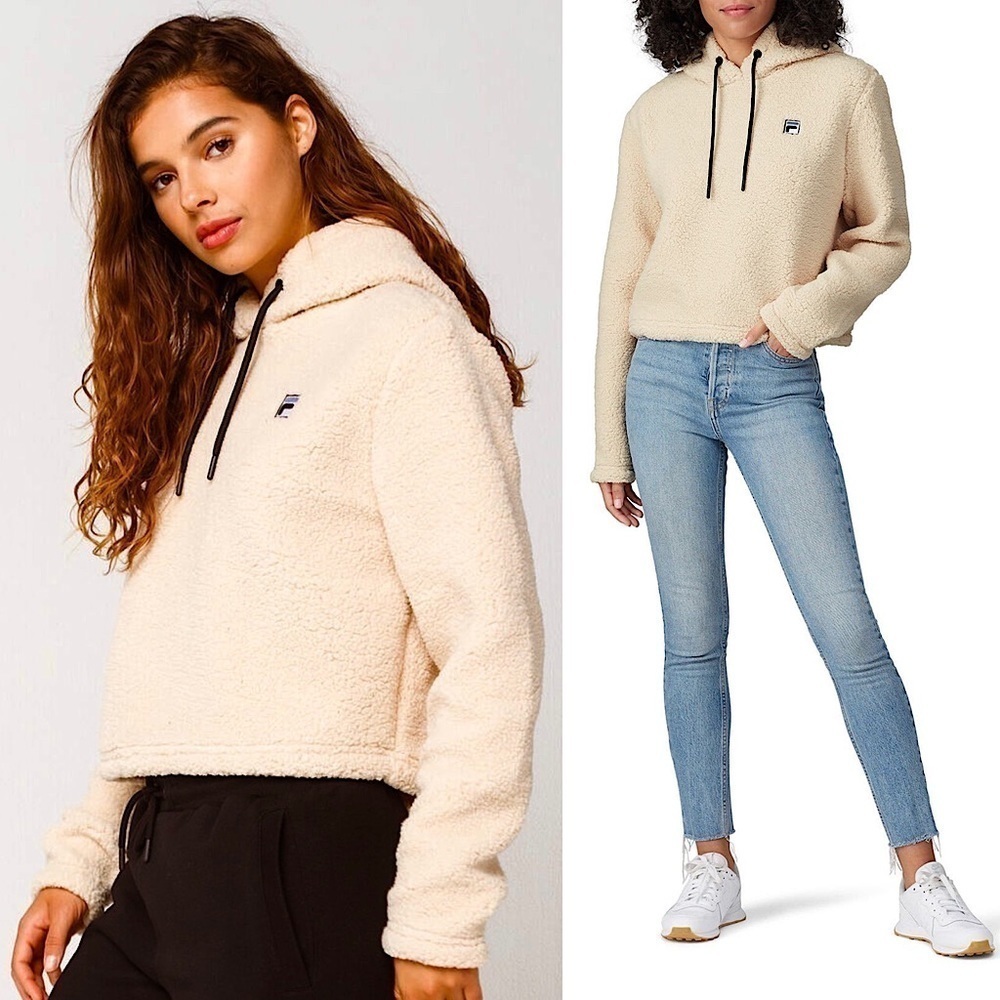 FILA Plush Beige Faux Sherpa Fleece Cropped Lounge Pullover Logo Teddy Hoodie XL